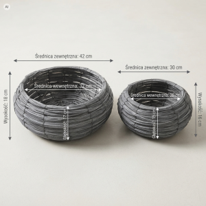 Szare rattanowe osłonki na kwiaty jako infografika techniczna z wymiarami: większa L 42 cm i mniejsza M 30 cm, prezentujące średnice oraz wysokości.