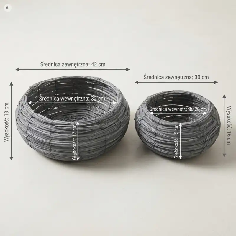Szare rattanowe osłonki na kwiaty jako infografika techniczna z wymiarami: większa L 42 cm i mniejsza M 30 cm, prezentujące średnice oraz wysokości.