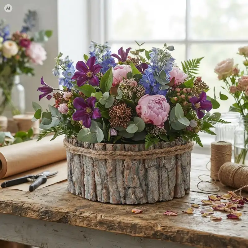 Okrągła drewniana osłonka z kory L 28 cm wypełniona obfitym bukietem kwiatów stoi na rustykalnym stole w pracowni florystycznej.