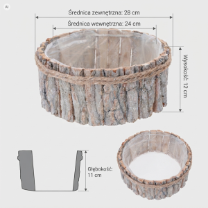 Rysunek techniczny i zdjęcia pokazujące wymiary drewnianej osłonki z kory L 28 cm z zaznaczoną wysokością i średnicą.