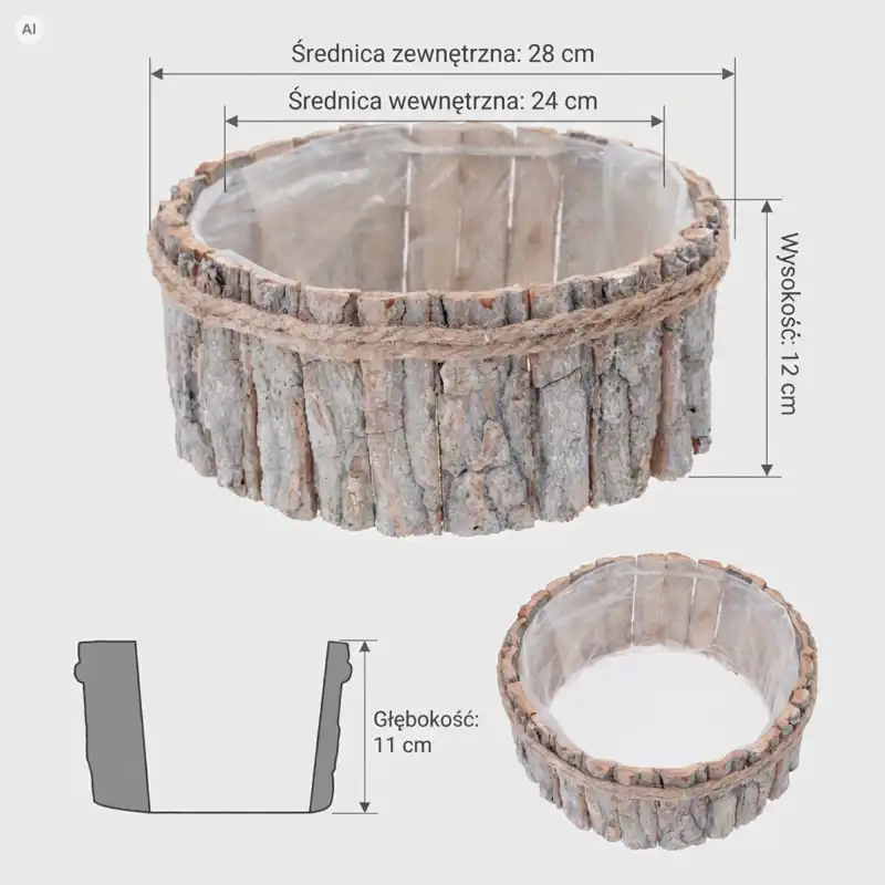 Rysunek techniczny i zdjęcia pokazujące wymiary drewnianej osłonki z kory L 28 cm z zaznaczoną wysokością i średnicą.