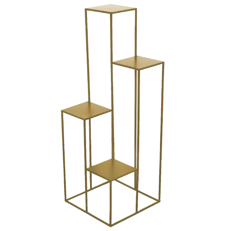 Złoty metalowy kwietnik poziomowy w stylu loft o podstawie 40x40 cm. Posiada cztery półki na rośliny, lampiony lub dekoracje weselne.