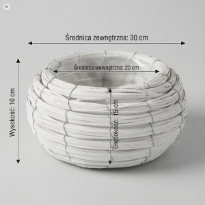Biała pleciona osłonka na kwiaty M 30 cm – okrągły kosz z folią z naniesionymi wymiarami technicznymi na neutralnym tle.