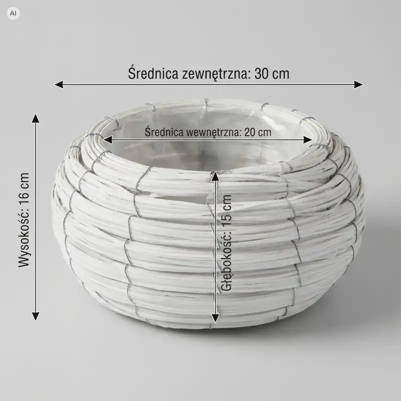 Biała pleciona osłonka na kwiaty M 30 cm – okrągły kosz z folią z naniesionymi wymiarami technicznymi na neutralnym tle.