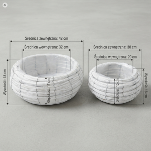 Rysunek techniczny przedstawiający wymiary zestawu dwóch białych plecionych osłonek na kwiaty z folią: L 42 cm oraz M 30 cm na szarym tle.