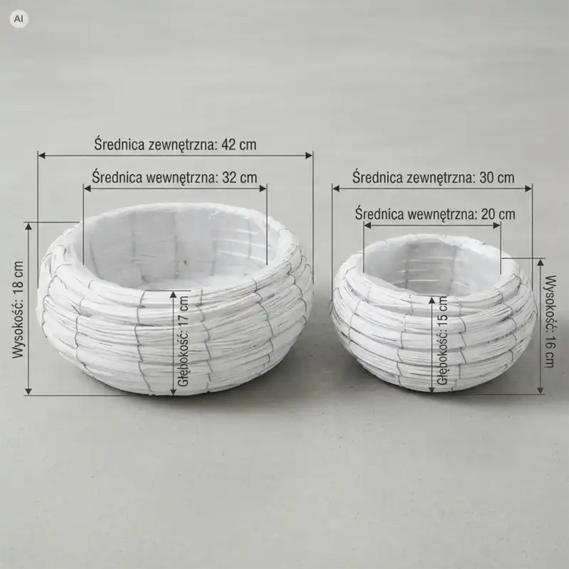 Rysunek techniczny przedstawiający wymiary zestawu dwóch białych plecionych osłonek na kwiaty z folią: L 42 cm oraz M 30 cm na szarym tle.