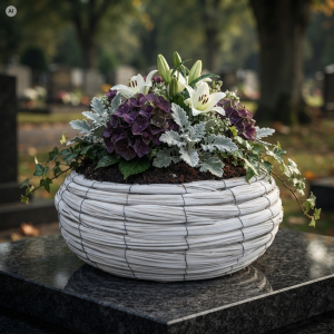 Biała pleciona osłonka na kwiaty L 42 cm z kompozycją białych lilii i fioletowych hortensji na nagrobku
