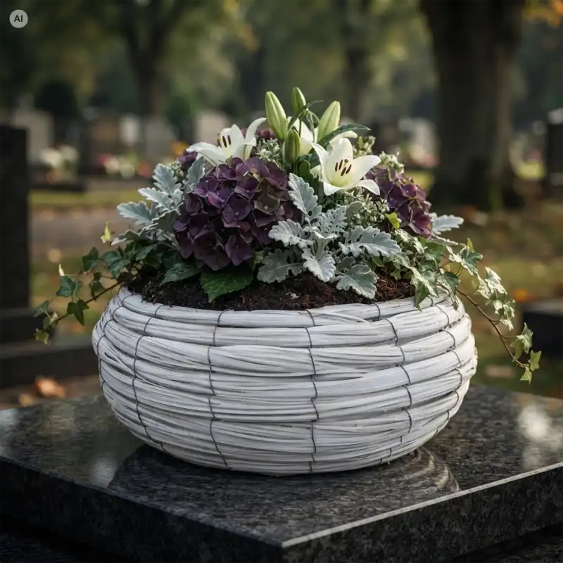 Biała pleciona osłonka na kwiaty L 42 cm z kompozycją białych lilii i fioletowych hortensji na nagrobku
