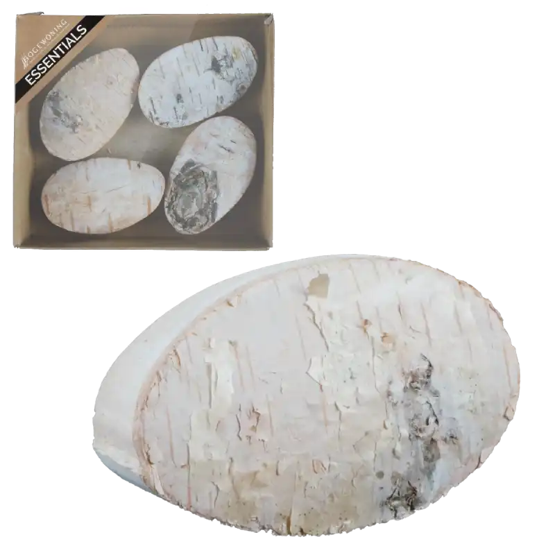 Zestaw 4 pisanek i jaj z naturalnego drewna brzozy o wysokości 6 cm. Ekologiczna dekoracja wielkanocna zapakowana w kartonik.