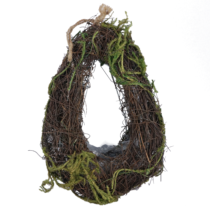 Wisząca osłonka faszynowa z mchem o wysokości 30 cm. Naturalna zawieszka posiada wewnątrz praktyczną folię ochronną oraz jutowy sznurek ułatwiający montaż na balkonie lub tarasie.