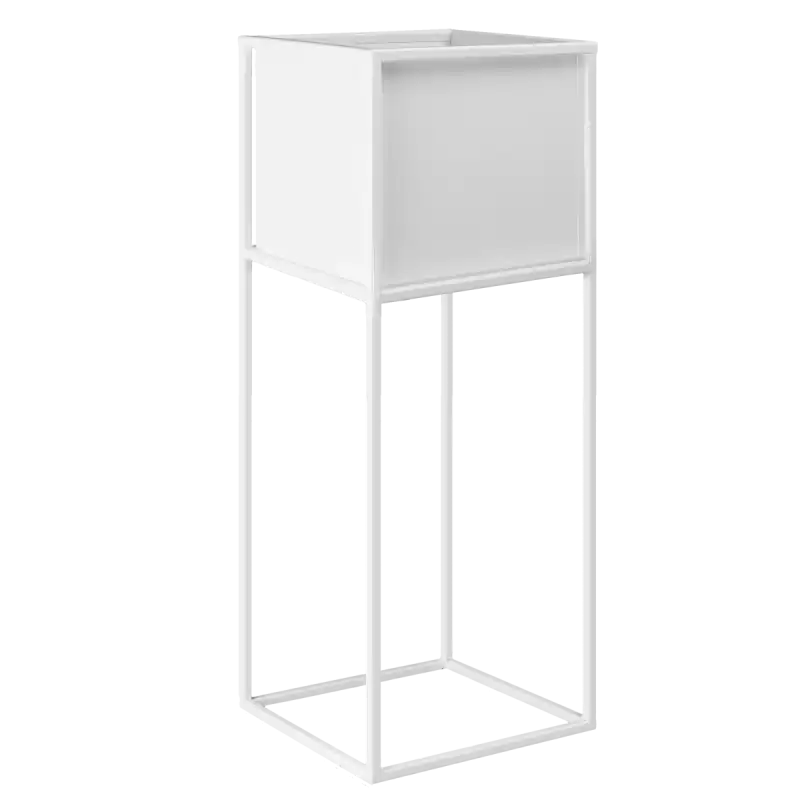 Biały kwietnik metalowy LOFT o wysokości 60 cm z wyjmowaną donicą. Stojak o wymiarach 23x23 cm pasuje do domu, biura i na balkon.